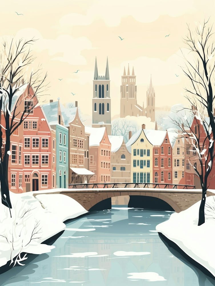Vintage Winter Travel Illustration Bruges Belgium 8