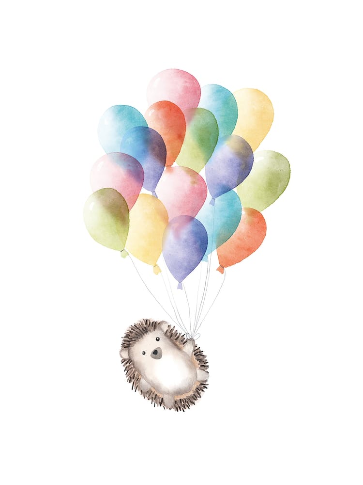 Watercolour Hedgehog with Balloons for Neutral Nursery