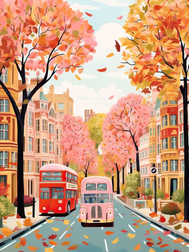 London Street In Autumn Fall Travel Art 3