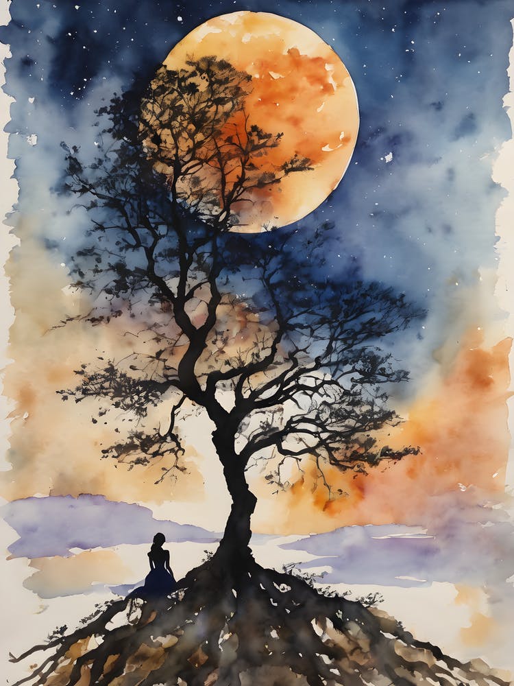 Mondlicht-Baum-Kontemplation - Vollmond, der Gelassenheit, Ruhe, Yoga, Meditieren, Spirituelle Erdung, Herzöffnung, Buddhistische Indische Reiseführung, Weisheit, Frieden, Liebe, Hexenhaft, Schöne Aquarell-Frau, Bäume, Blaue Silhouette