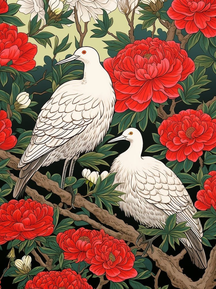 Japanese Tea Camellia And Birds Vintage Japanese Botanical