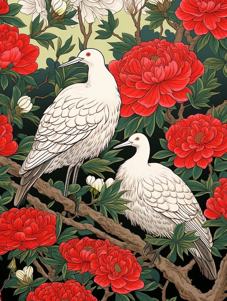 Japanese Tea Camellia And Birds Vintage Japanese Botanical