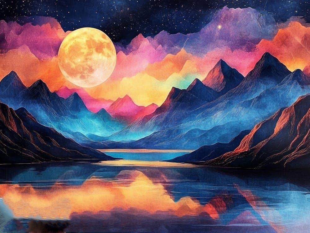 3d Modern Night Landscape Colorful Mountains