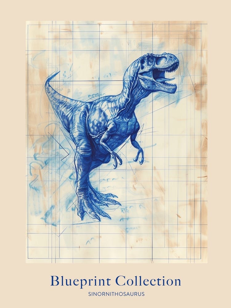 Sinornithosaurus Dinosaur Blue Print Sketch 2 Poster