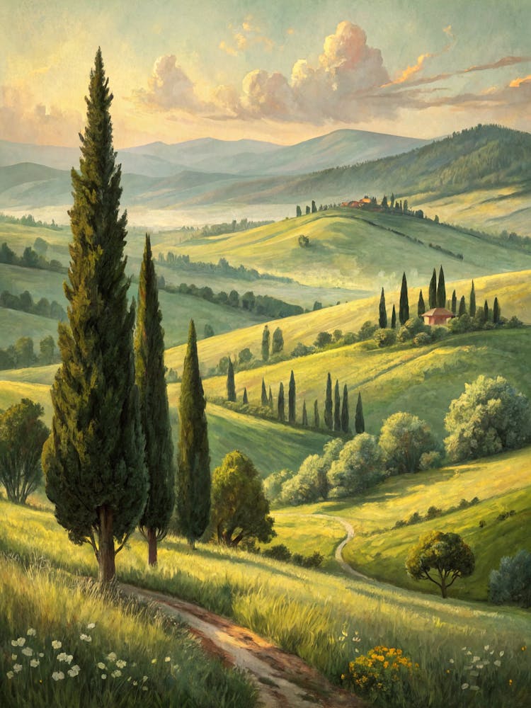 Oil Painting Style Rolling Green Meadows