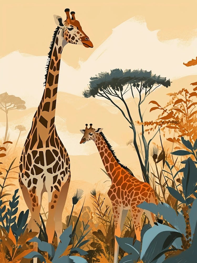 Modern Illustration Of Two Giraffes In The Sunset 4