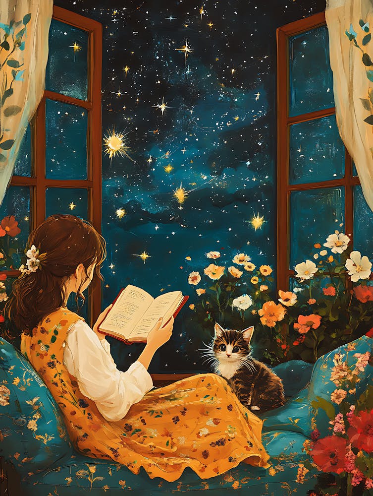 Fille Lisant Un Livre Avec Son Chat 19