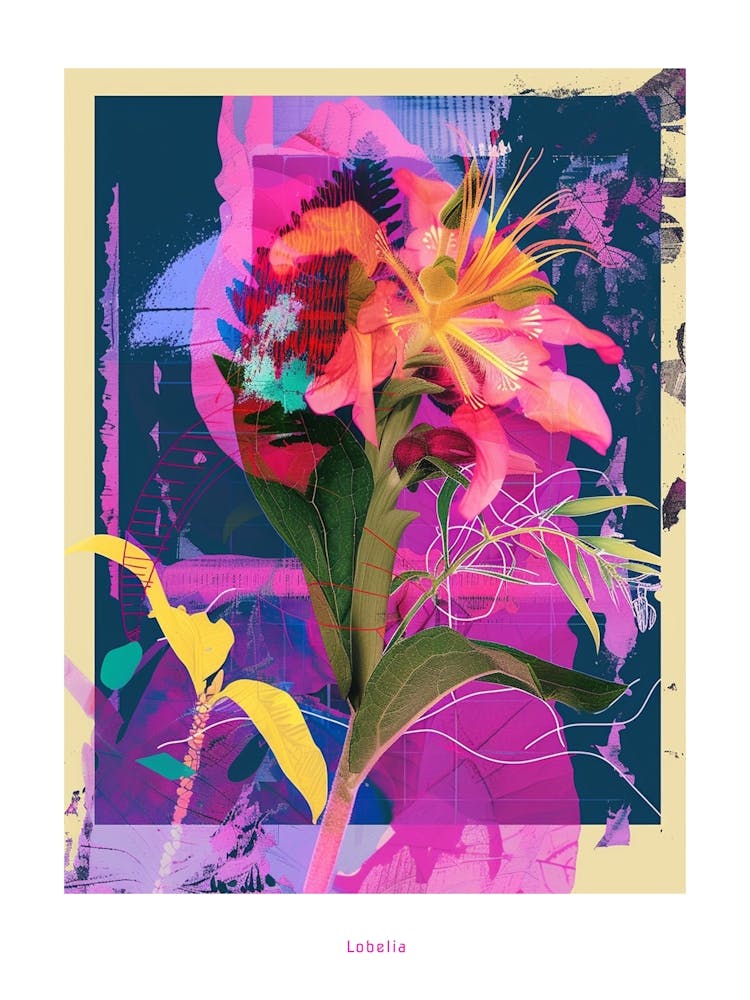 Lobelia 2 Neon Flower Collage Poster