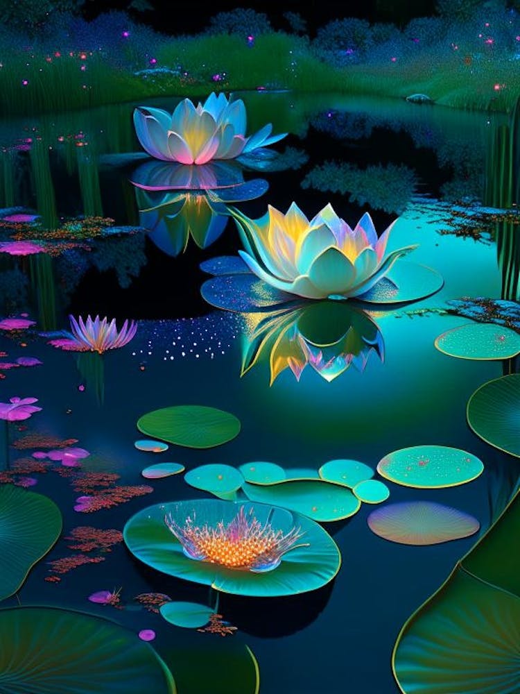Pond With Lily Pads, Water, Waterscape Holographic 1