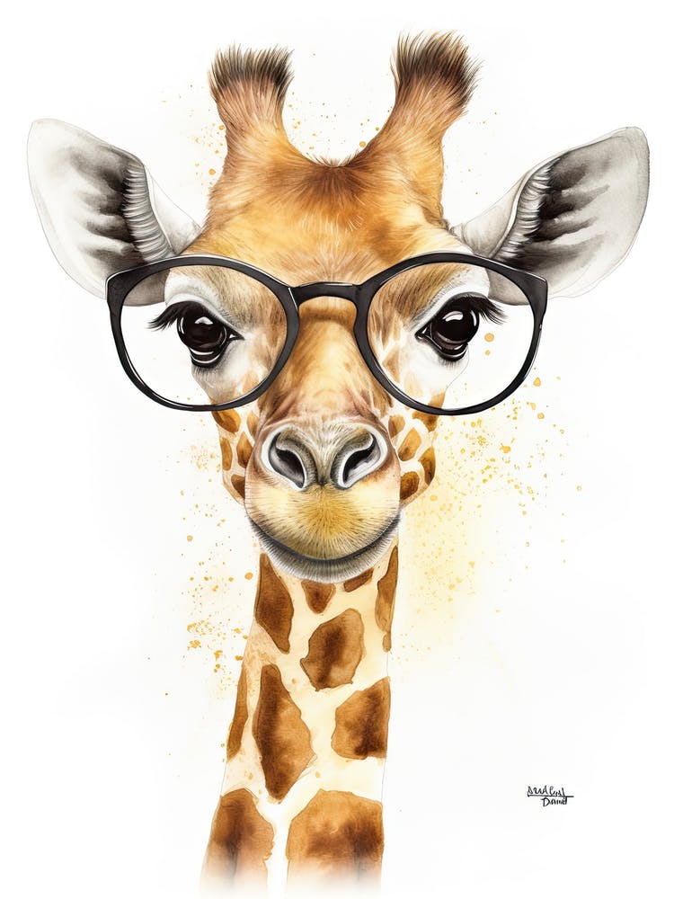 Smart Baby Giraffe Wearing Glasses Watercolour Illustration 1