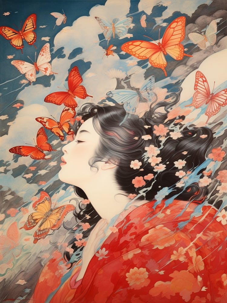 Butterflies & Woman In The Wind Japanese Style Painting