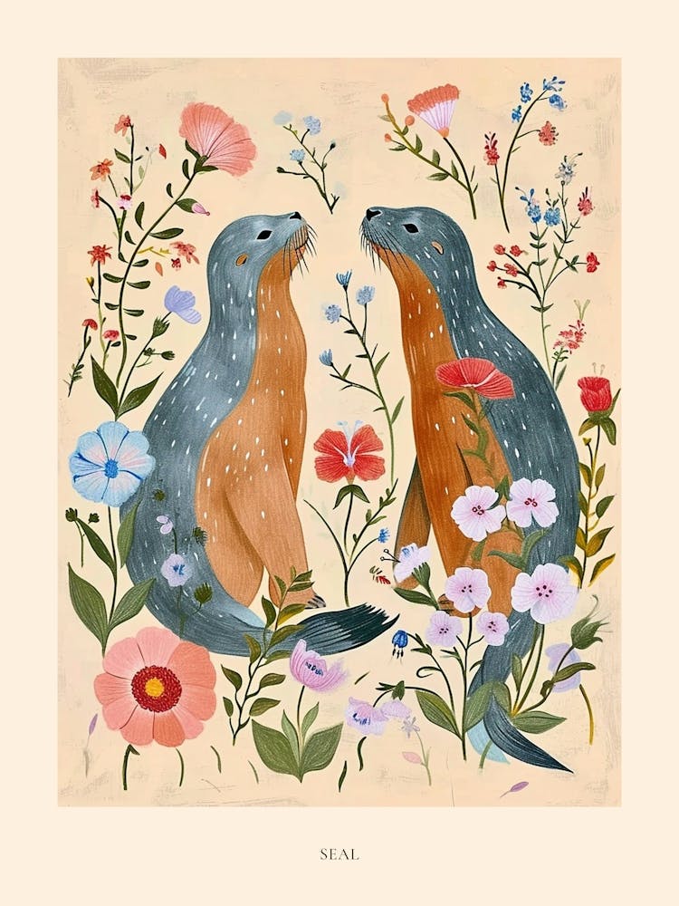 Folksy Floral Animal Drawing Seal 3 Poster