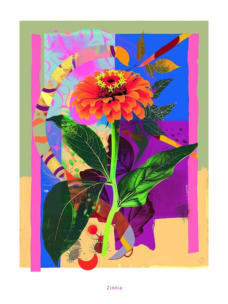 Zinnia 1 Neon Flower Collage Poster