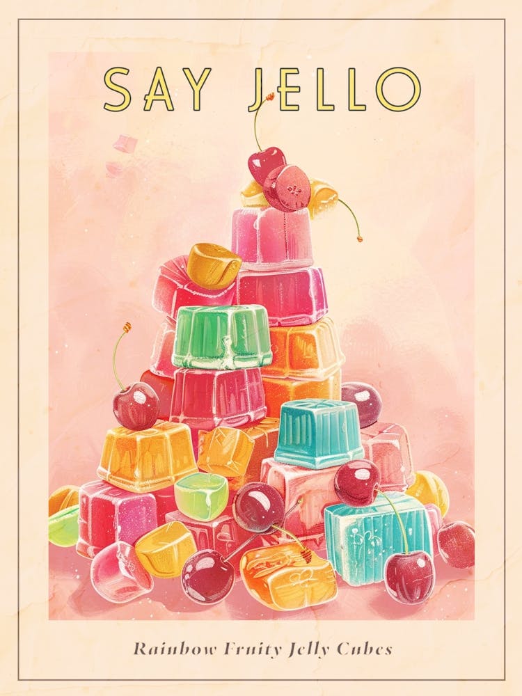 Rainbow Fruity Jelly Cubes Stacked Retro Illustration Poster