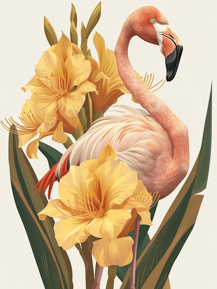 Lesser Flamingo And Canna Lily Minimalist Illustration 1