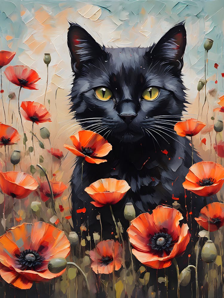 Black Cat Amongst Red Poppies - Oil and Palette Knife Painting of A Beautiful Black Cat Sitting Among the Summer Poppy Flowers - Kitty, Cat Lady, Pagan, Feature Wall, Witch, Fairytale Tarot Bastet Colorful Painting in HD