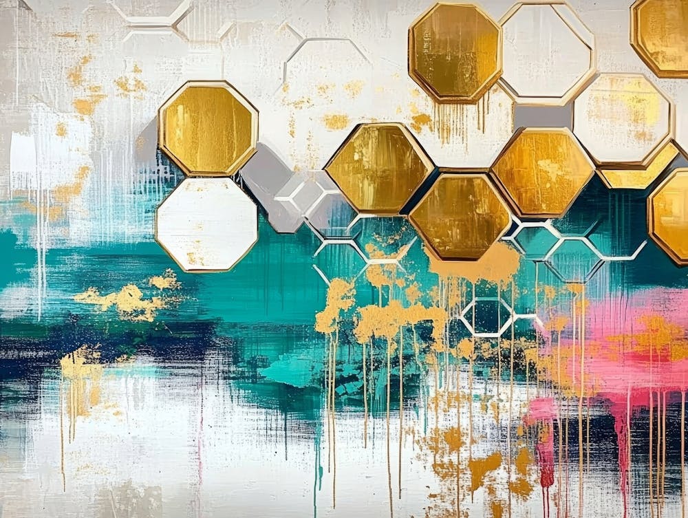 Rich Oil on Canvas with Abstract Golden Hexagons and Splashes of Turquoise