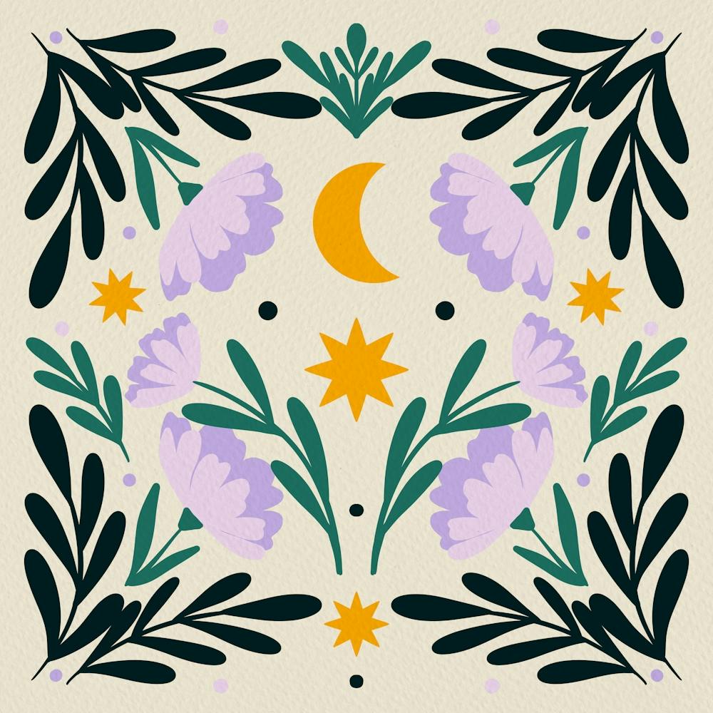 Stars Moon And Flowers - violet and green