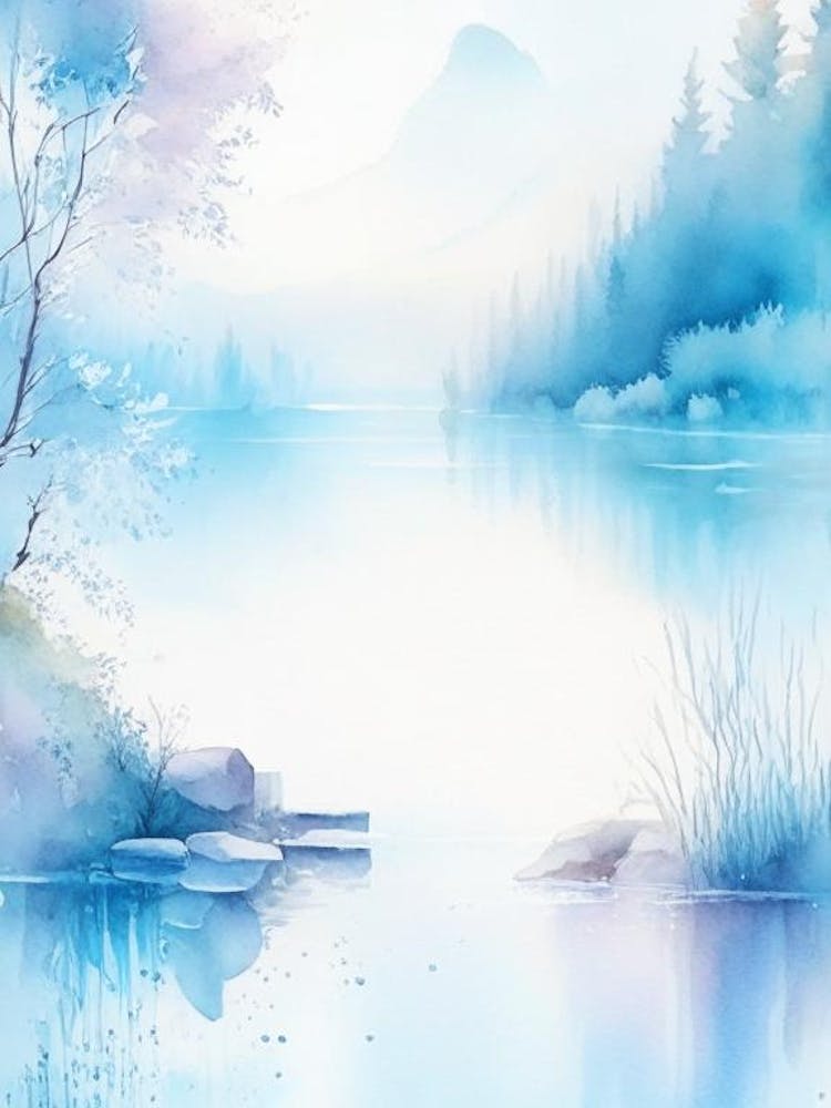 Crystal Clear Blue Lake Landscapes Waterscape Gouache 1