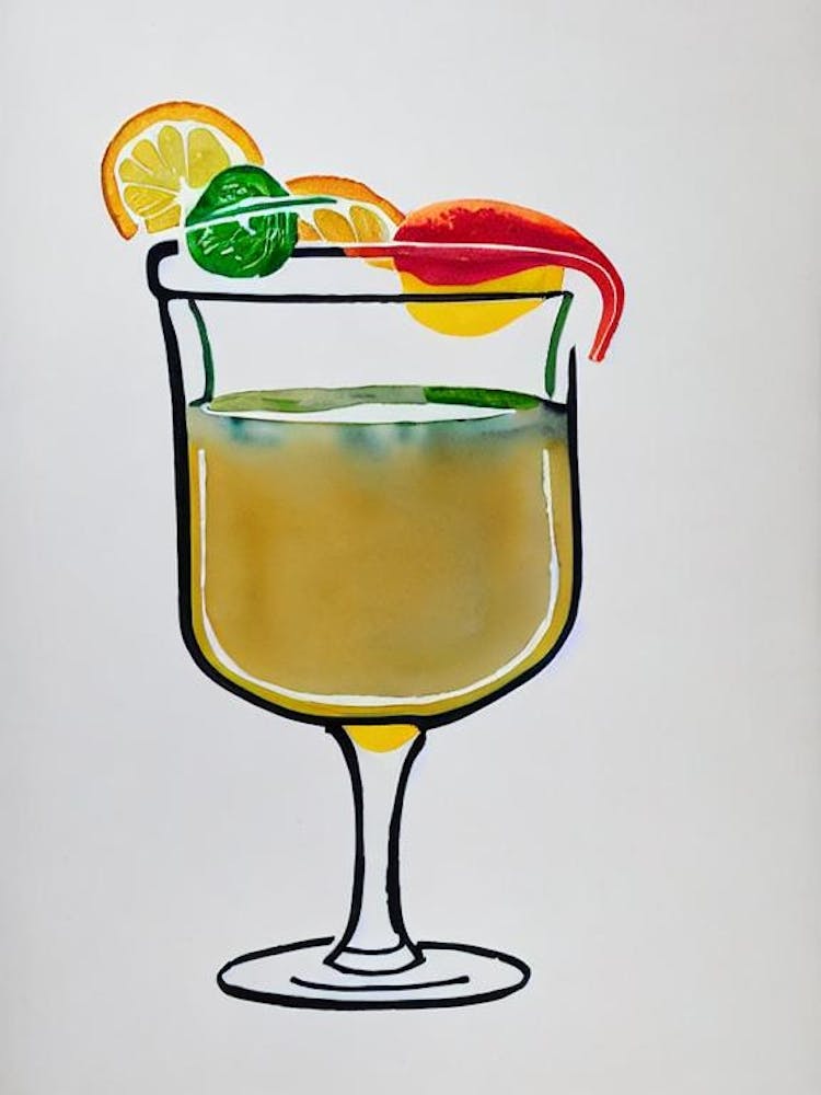 Fernet Sour Minimal Line Drawing With Watercolour Cocktail Poster
