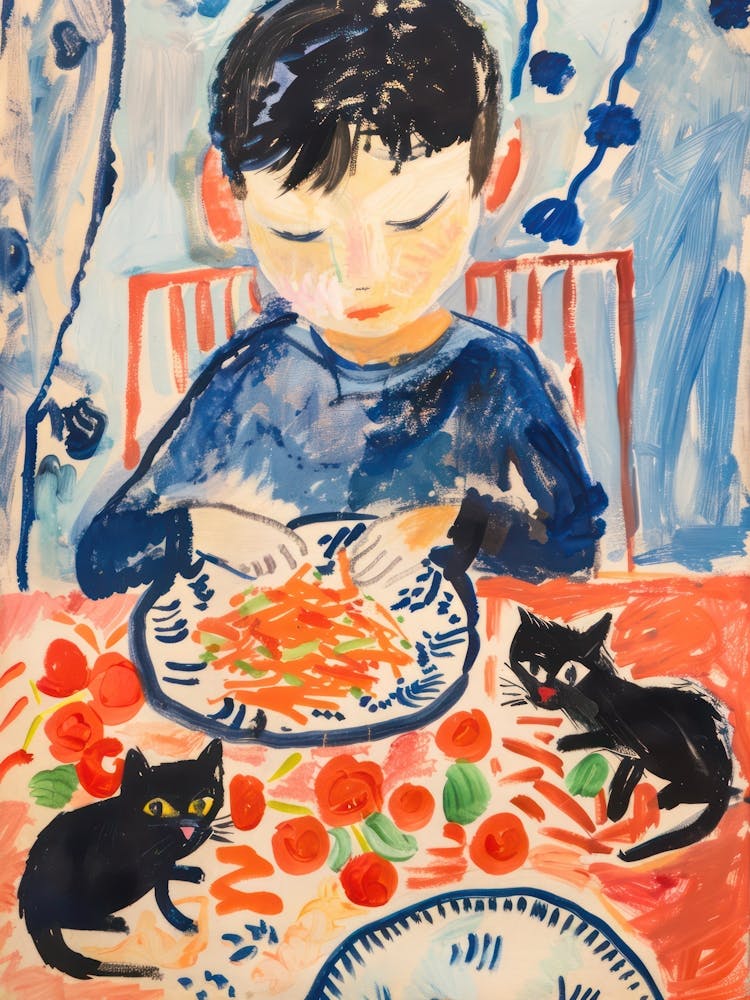 Portrait Of A Boy With Cats Having Pasta 3