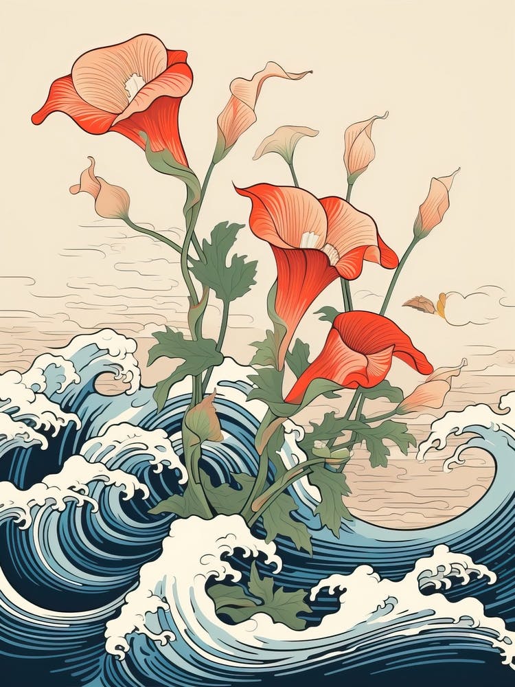 Great Wave With Calla Lily Flower Drawing In The Style Of Ukiyo E 3