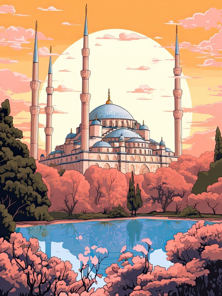 The Blue Mosque   Istanbul, Turkey   Cute Botanical Illustration Travel 1