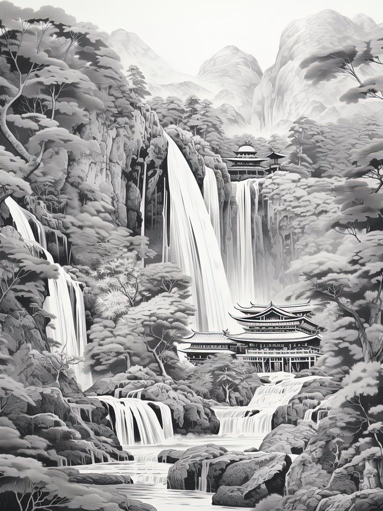 Nachi Falls In Wakayama, Ukiyo E Black And White Line Art Drawing 1