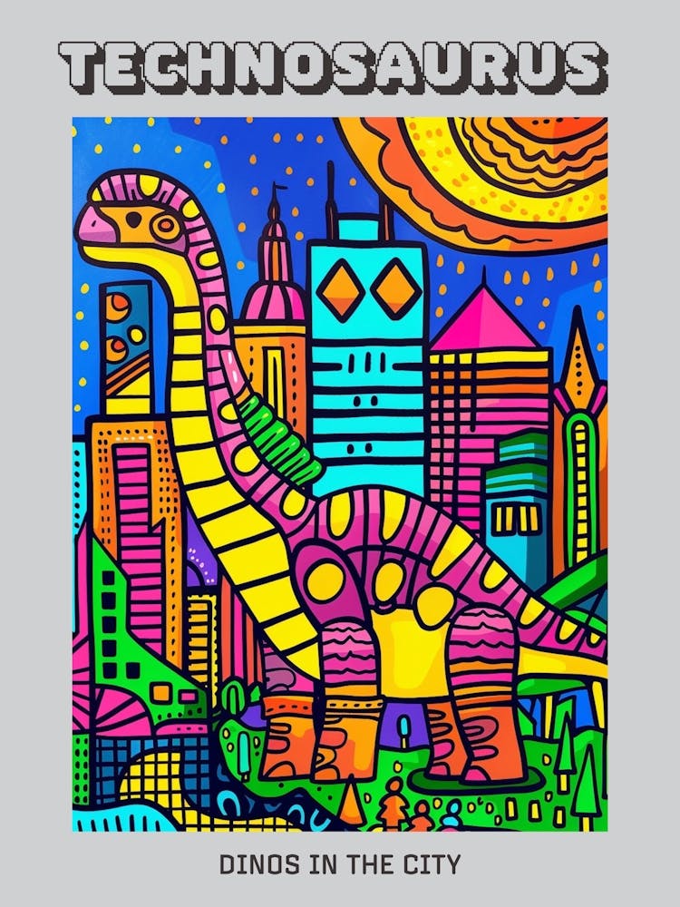 Cute Geometric Dinosaur Cityscape Abstract Illustration Poster