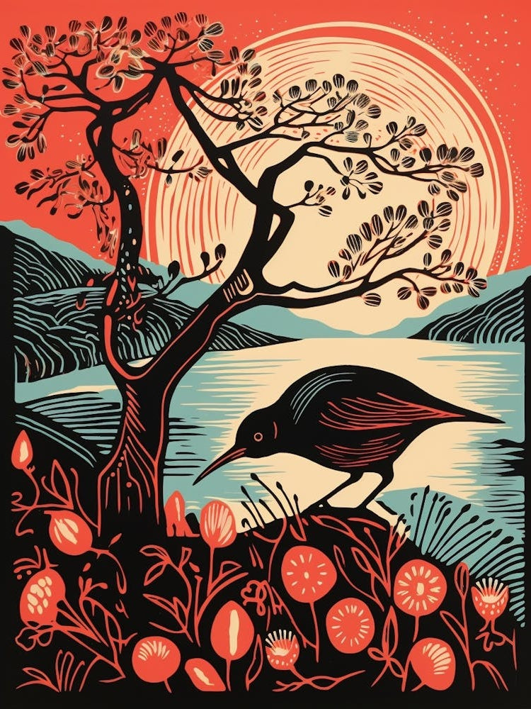 Vintage Bird Linocut Kiwi 3