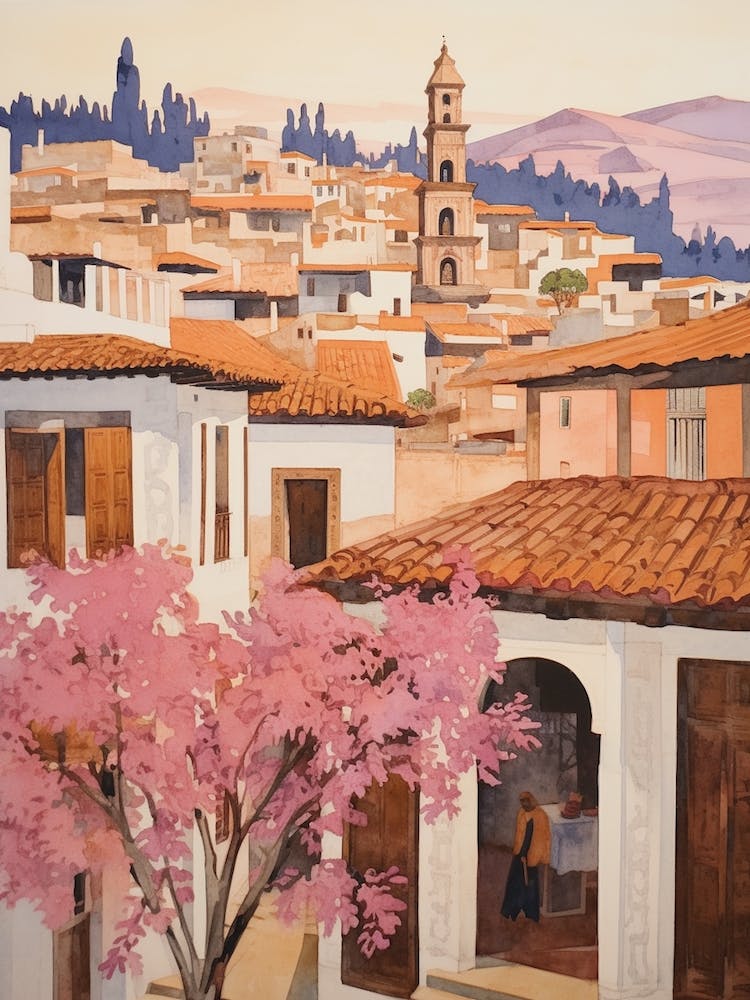Granada Spain 2 Vintage Pink Travel Illustration
