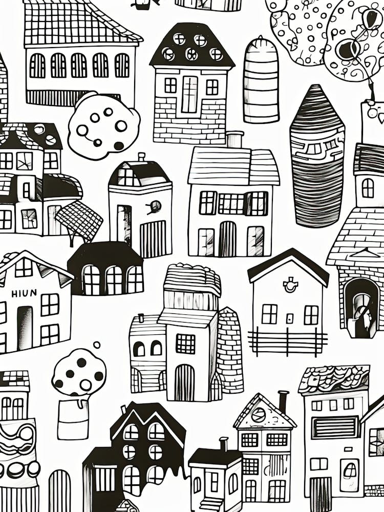 Houses Black And White Line Art