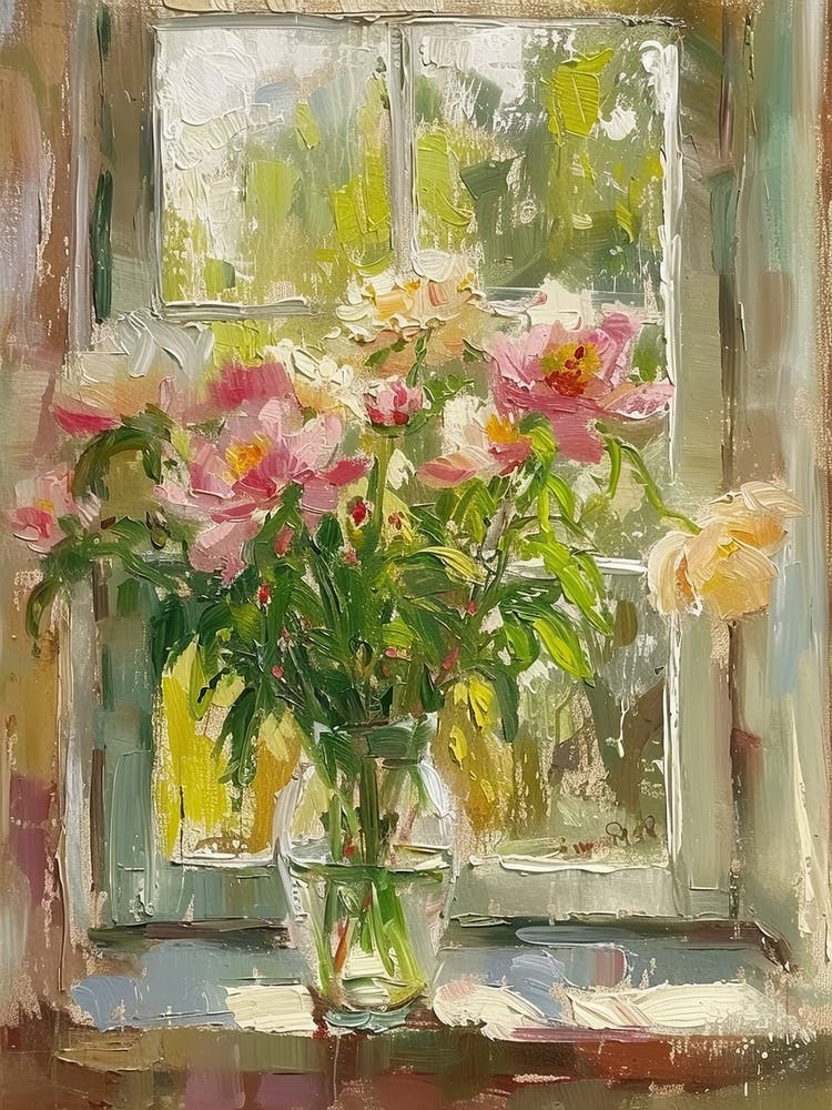 Peony Flowers On A Cottage Window 2