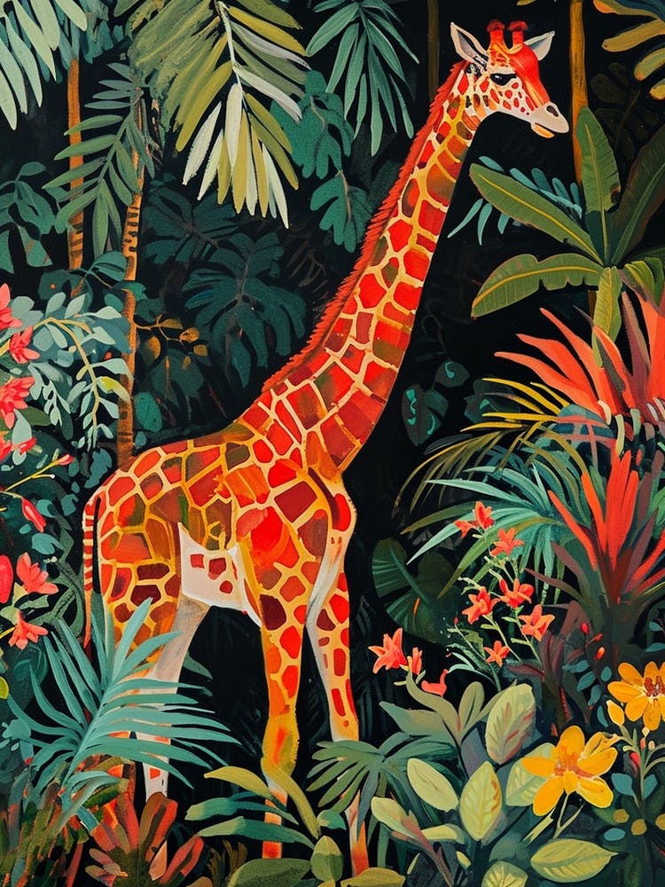 Colourful Giraffe In The Leaves Illustration 3