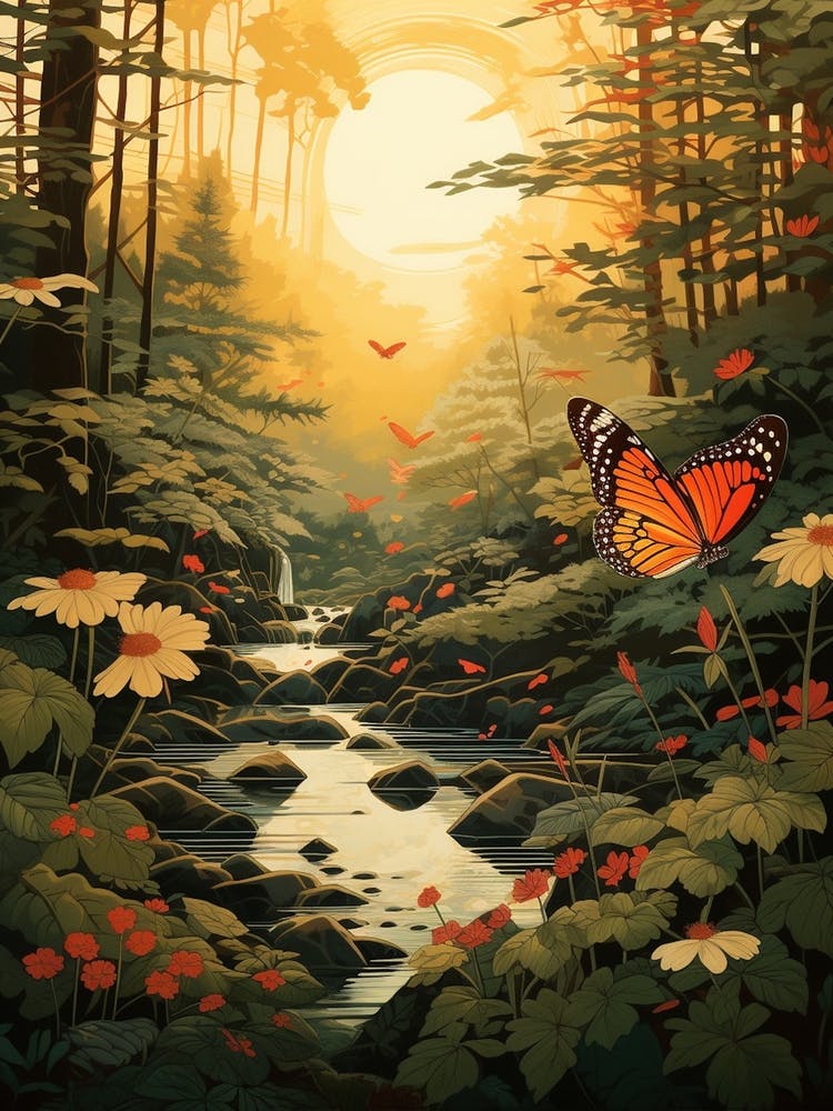 Butterflies In The Woodland At Sunrise Japanese Style Painting