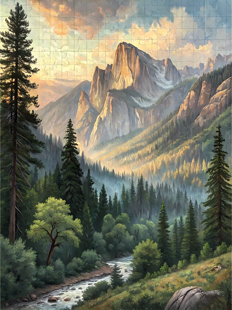 Oil Painting Style Majestic Mountain Forest River Landscape & Pine Trees