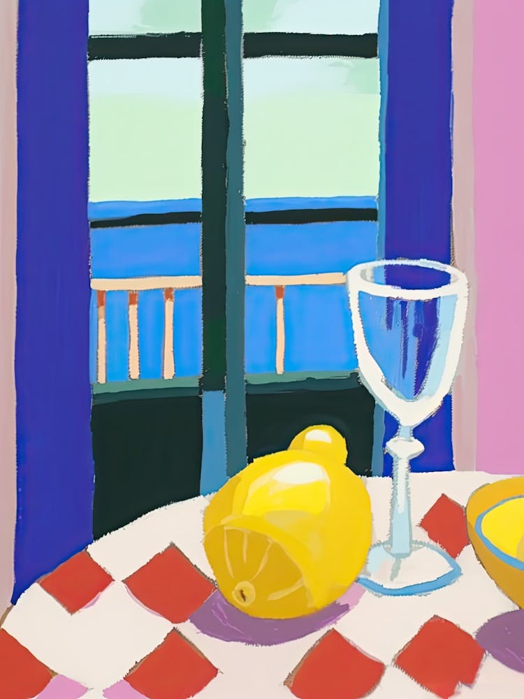 Painting Of A Lemons And Wine, Frenchch Riviera View, Checkered Cloth, Matisse Style 3