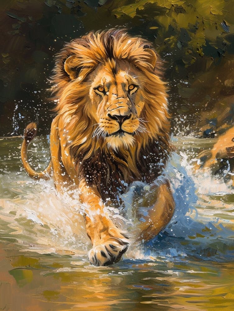 African Lion Crossing A River Acrylic Painting 1