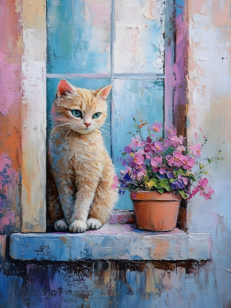Cat In Window With Flowers 13