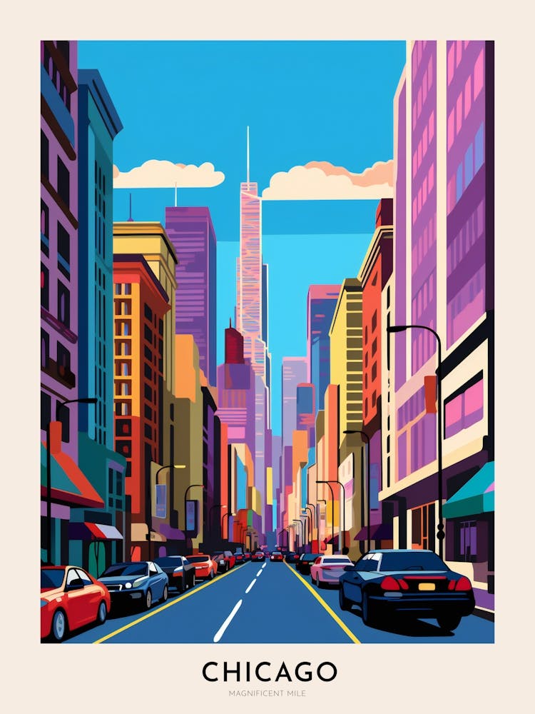 Magnificent Mile 3 Chicago Colourful Travel Poster