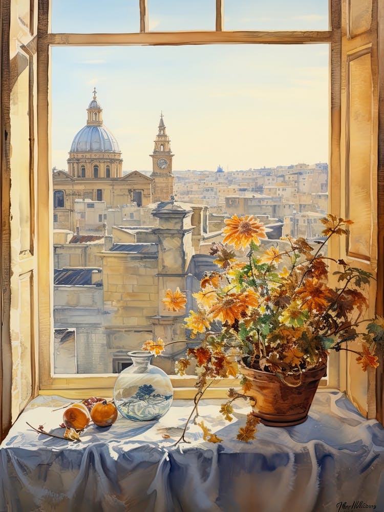 Window View Of Valletta Malta In Autumn Fall, Watercolour 1