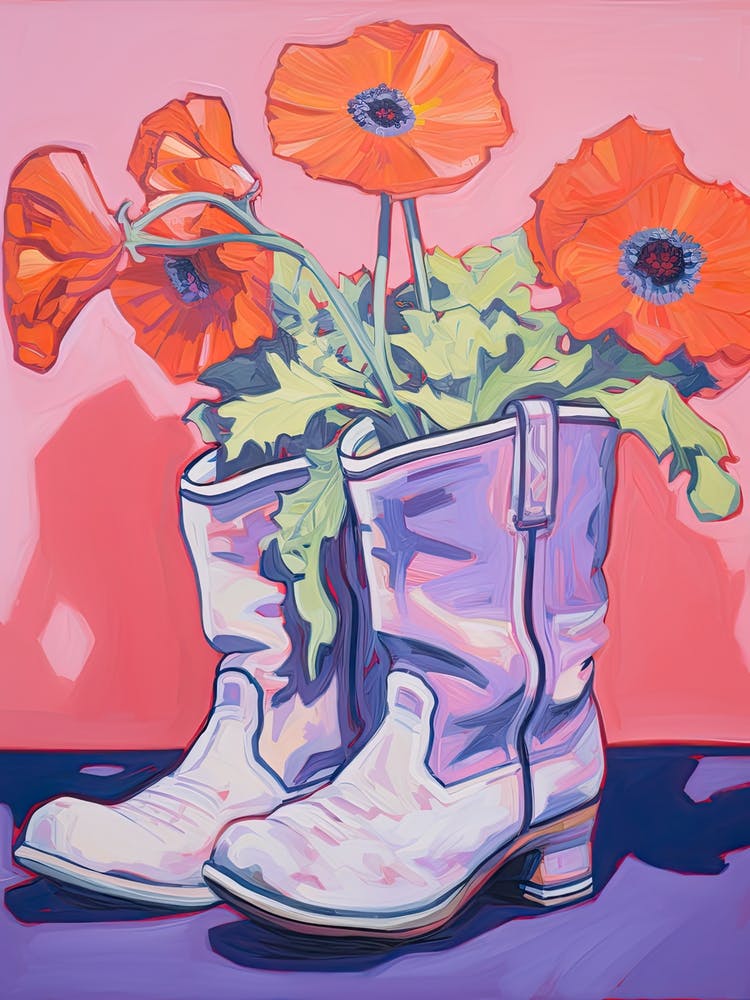 Une Peinture de Bottes de Cowboy avec des Fleurs Roses, Style Fauviste, Nature Morte 5