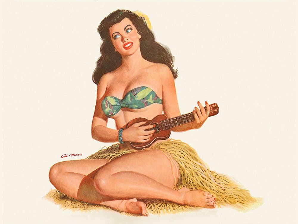 Beautiful Pinup Girl Plays Ukulele In Hawaiian Costume