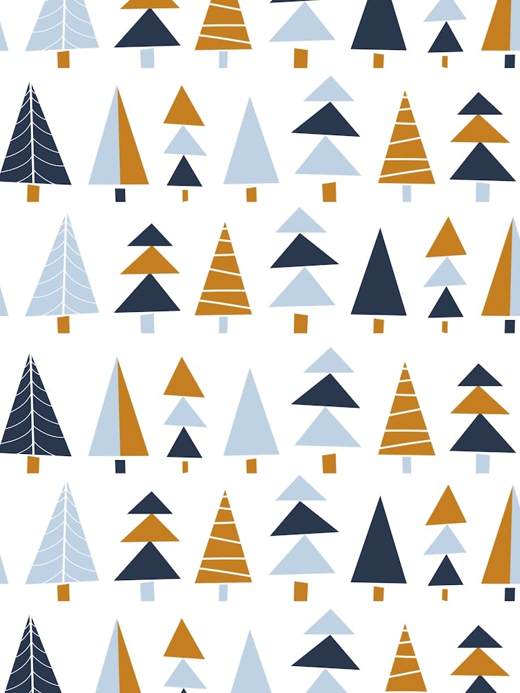 Modern Christmas Mid Century Geometric Trees Blue Navy Gold White