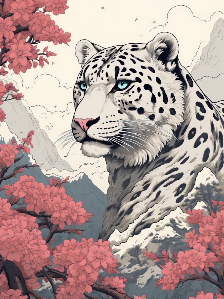 Snow Leopard Animal Drawing In The Style Of Ukiyo E 1