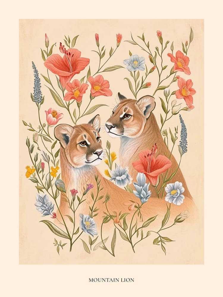 Folksy Floral Animal Drawing Mountain Lion 4 Poster