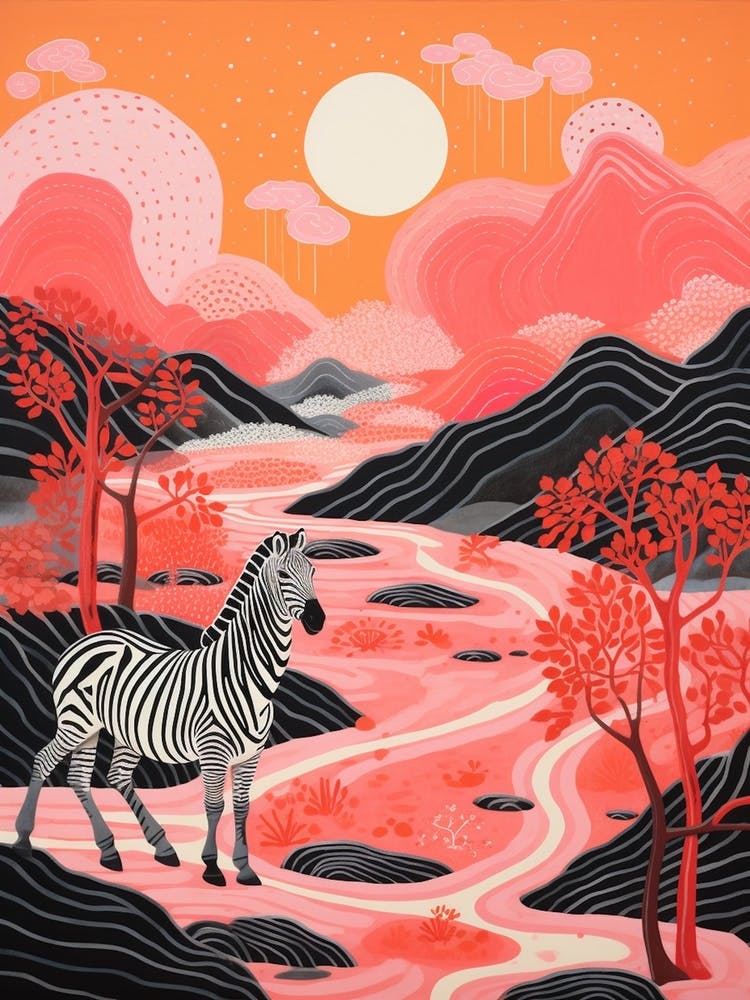 Pink Zebra Illustration With The Hills 1