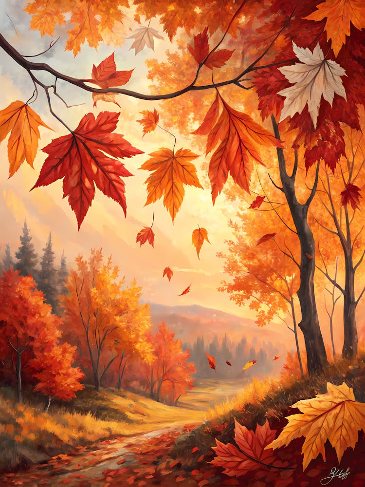 Oil Painting Style Autumn Leaves Kaleidoscope Vibrant Fall Landscape