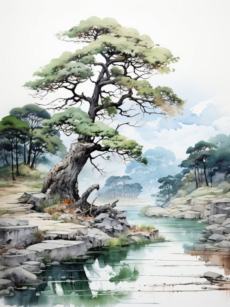 Ise Grand Shrine In Mie, Japanese Brush Painting, Ukiyo E, Minimal 3