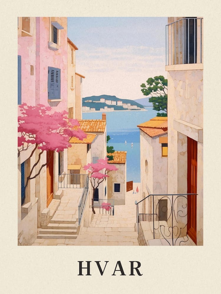 Hvar Croatia 4 Vintage Pink Travel Illustration Poster